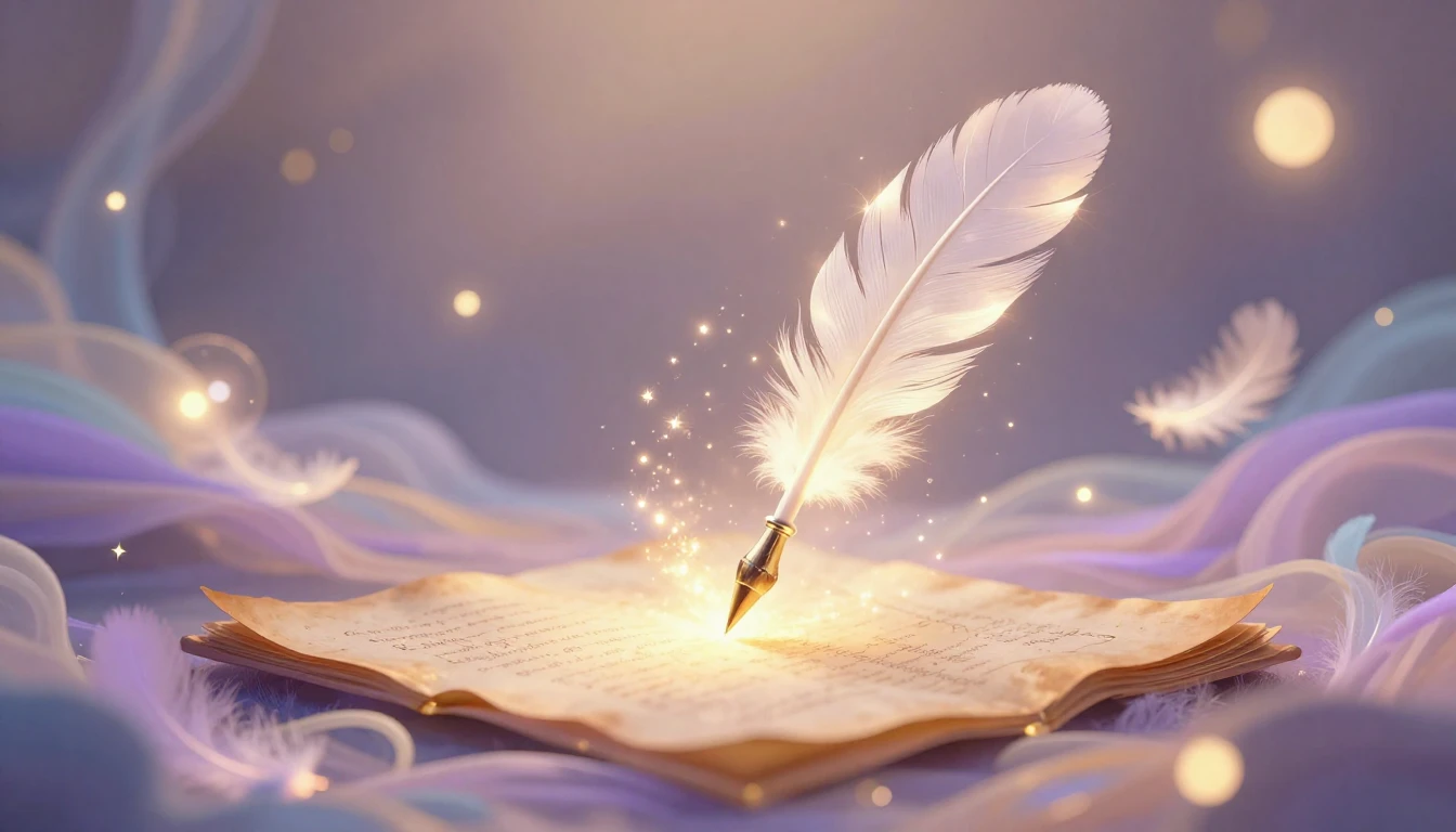 A magical glowing quill floating gracefully above an ancient...