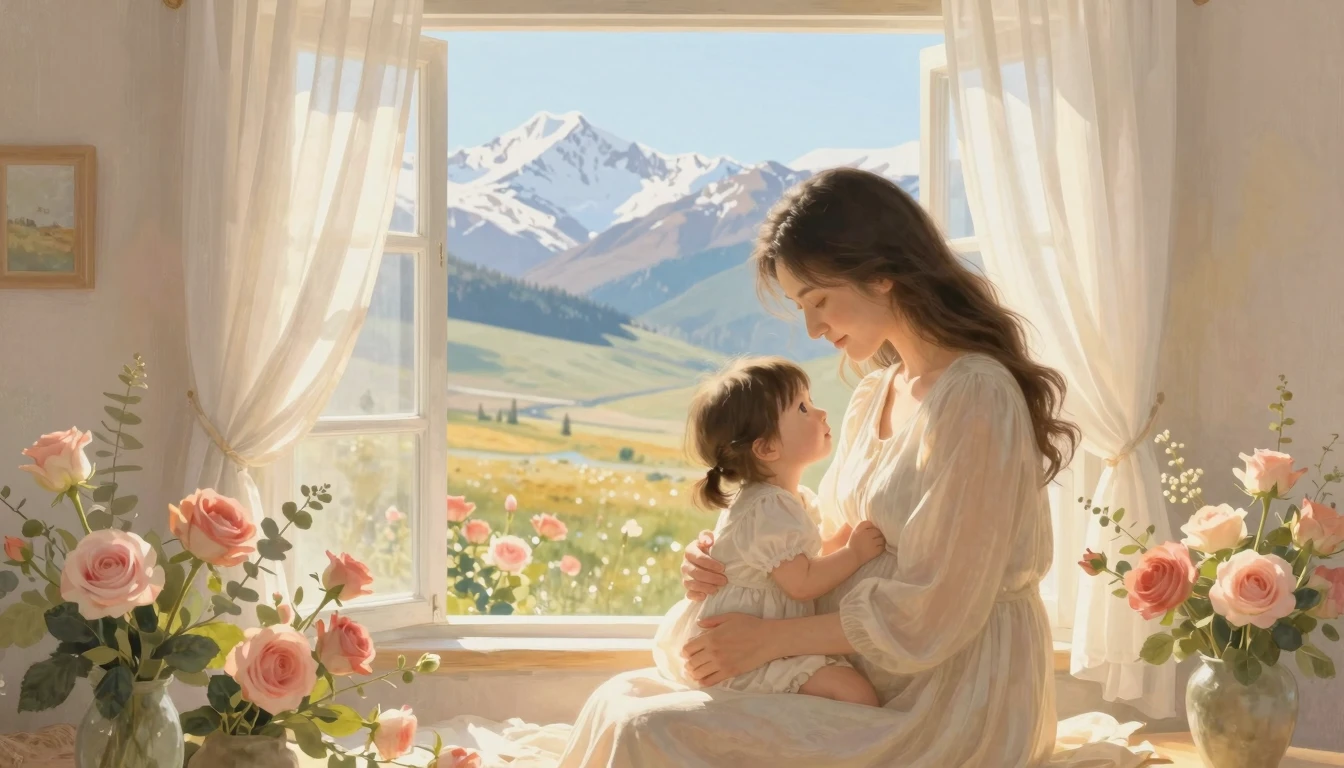 A warm, heartwarming scene in a soft impressionist style. A ...