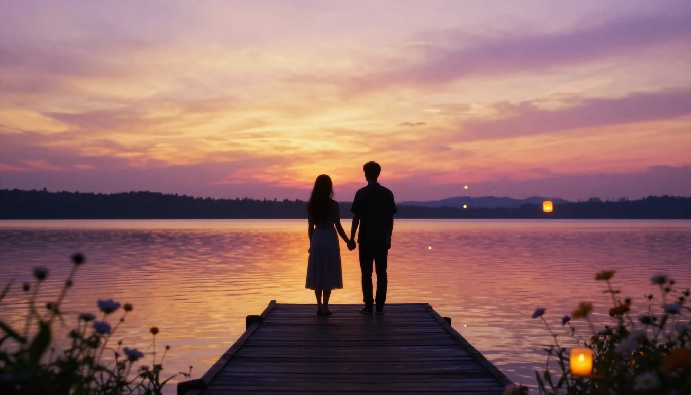 An ethereal and romantic scene of two silhouettes holding ha...