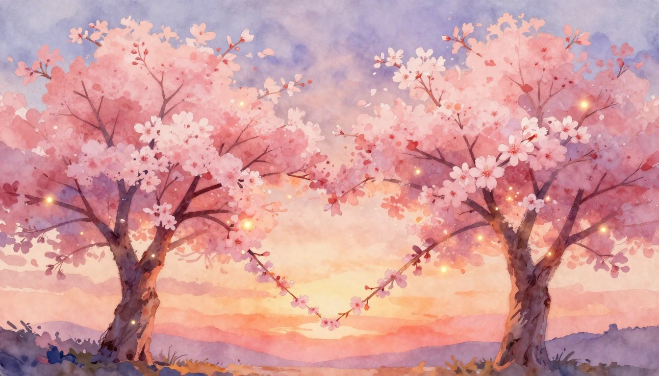 A soft and dreamy watercolor painting depicting two intertwi...