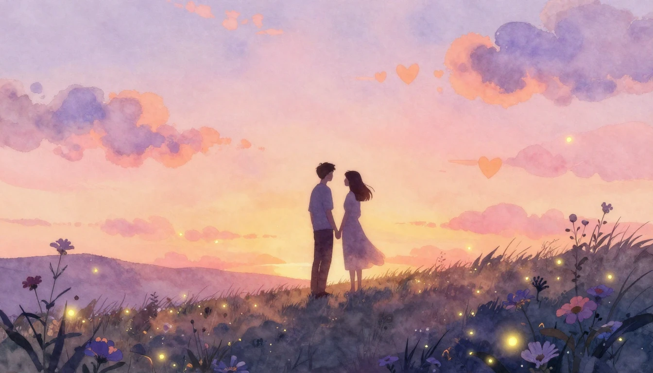 A dreamy and romantic watercolor painting featuring silhouet...