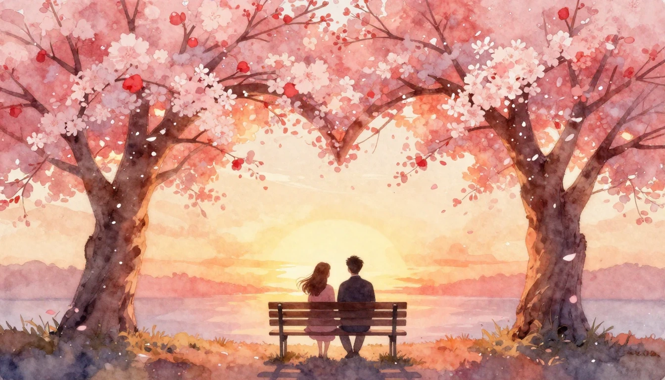 A soft and romantic watercolor painting depicting a silhouet...
