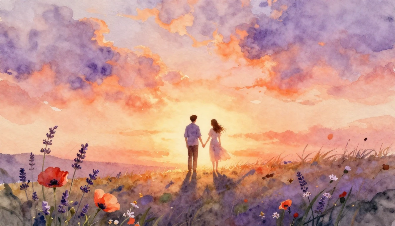 A beautiful watercolor painting of a couple standing hand in...