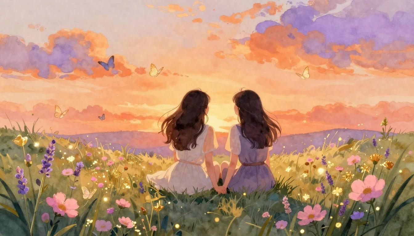 A beautiful and dreamy watercolor illustration depicting two...