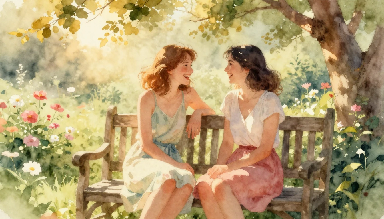 A heartwarming scene in a lush, sun-drenched garden during g...