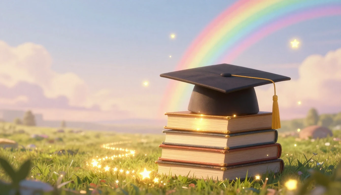 A magical graduation cap resting on a stack of glowing, anci...