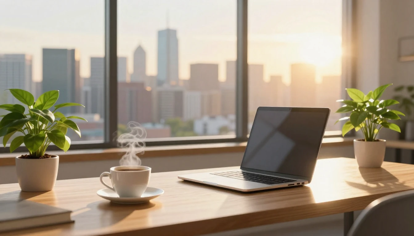 A bright and airy modern workspace with a large window overl...