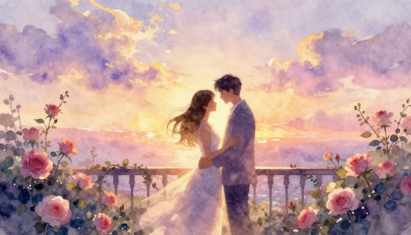 A soft and ethereal watercolor painting depicting a romantic...