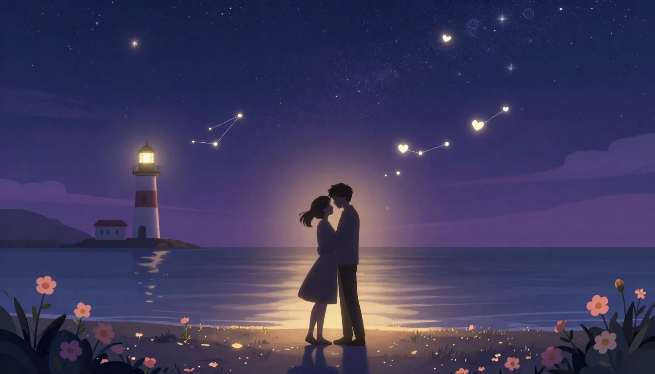 A romantic and dreamy illustration depicting two silhouettes...