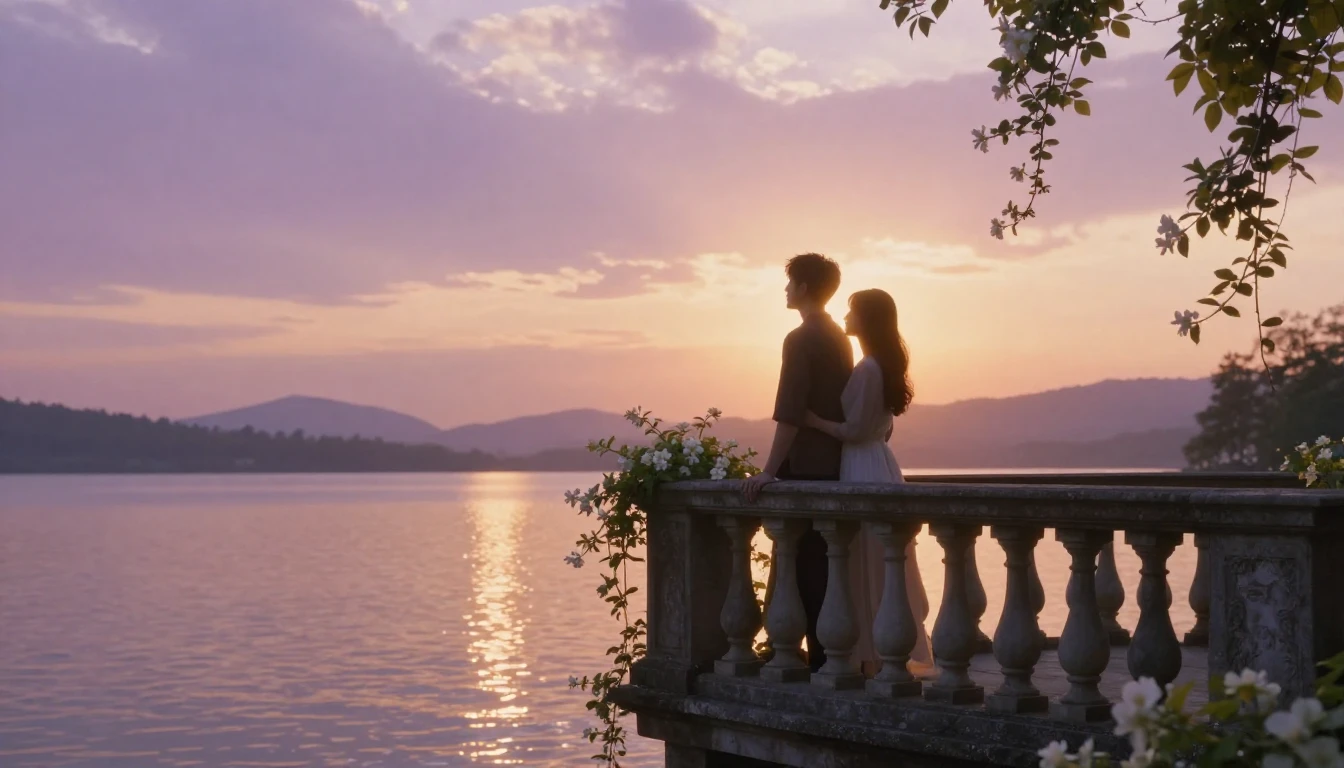 A dreamy and romantic scene featuring two silhouettes of lov...