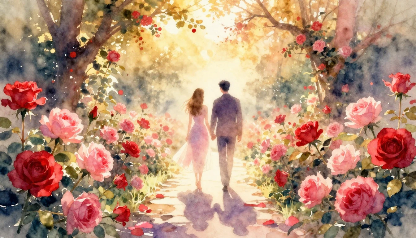 A soft watercolor painting of a romantic garden filled with ...