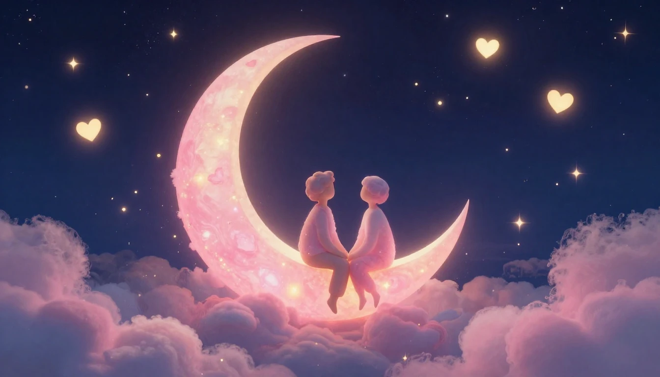 A whimsical and romantic scene depicting two abstract figure...