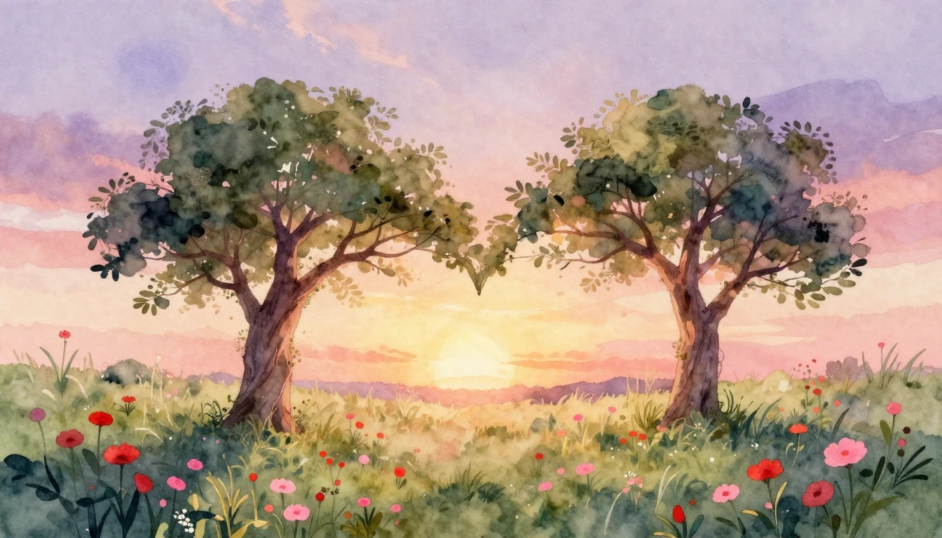 A soft and dreamy watercolor illustration depicting two inte...