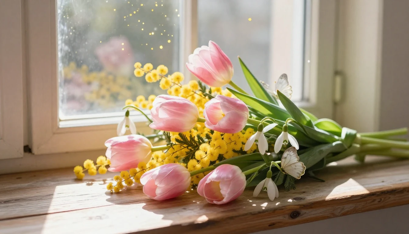 A beautiful, vibrant bouquet of spring flowers including pin...