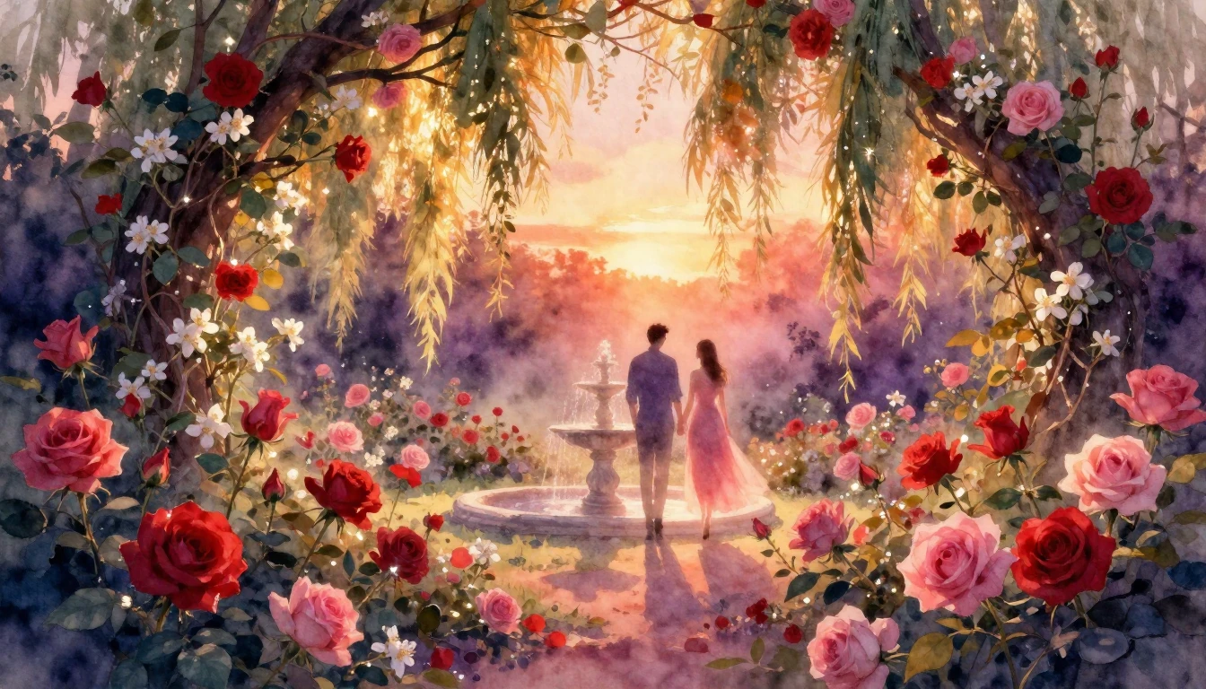 An ethereal and romantic watercolor painting of a secret gar...