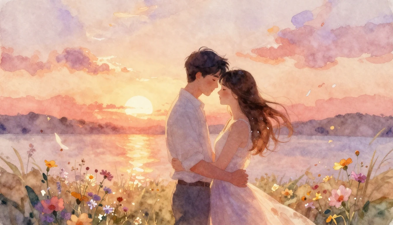 A dreamy and romantic watercolor painting depicting a couple...