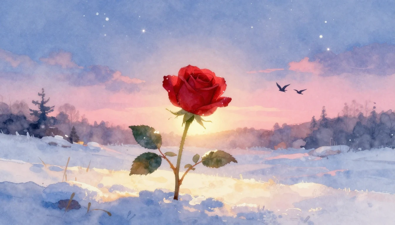 A soft and romantic watercolor painting depicting a single v...