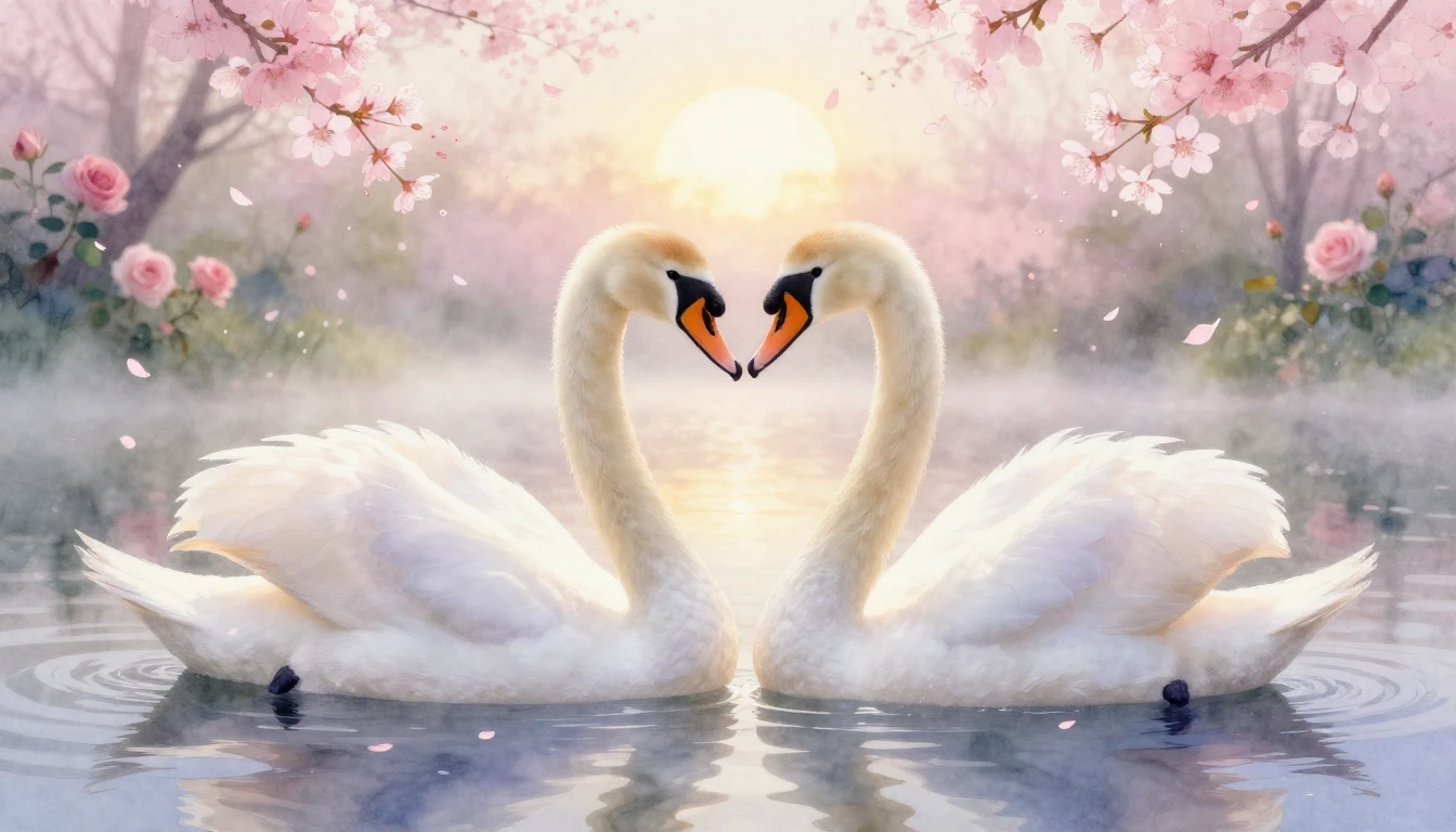 A dreamy and romantic watercolor painting depicting two eleg...