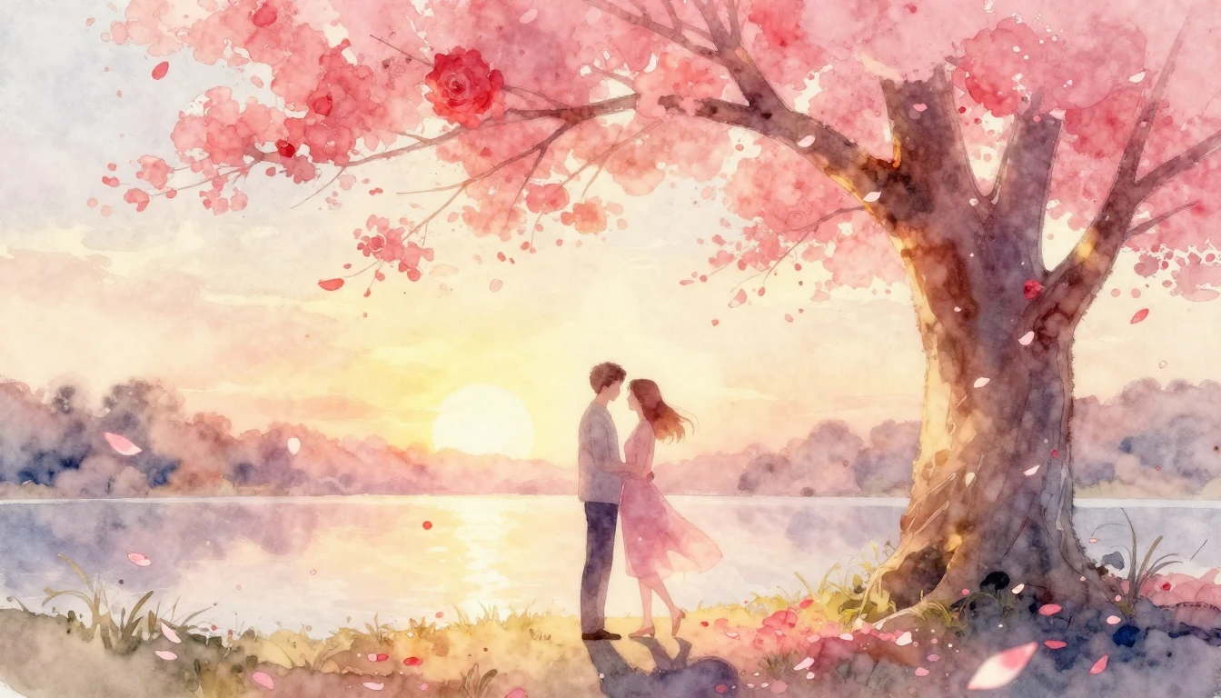 A dreamy and romantic watercolor painting featuring two soft...
