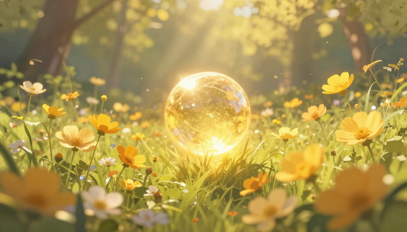 A whimsical and enchanting scene of a sun-drenched meadow fi...
