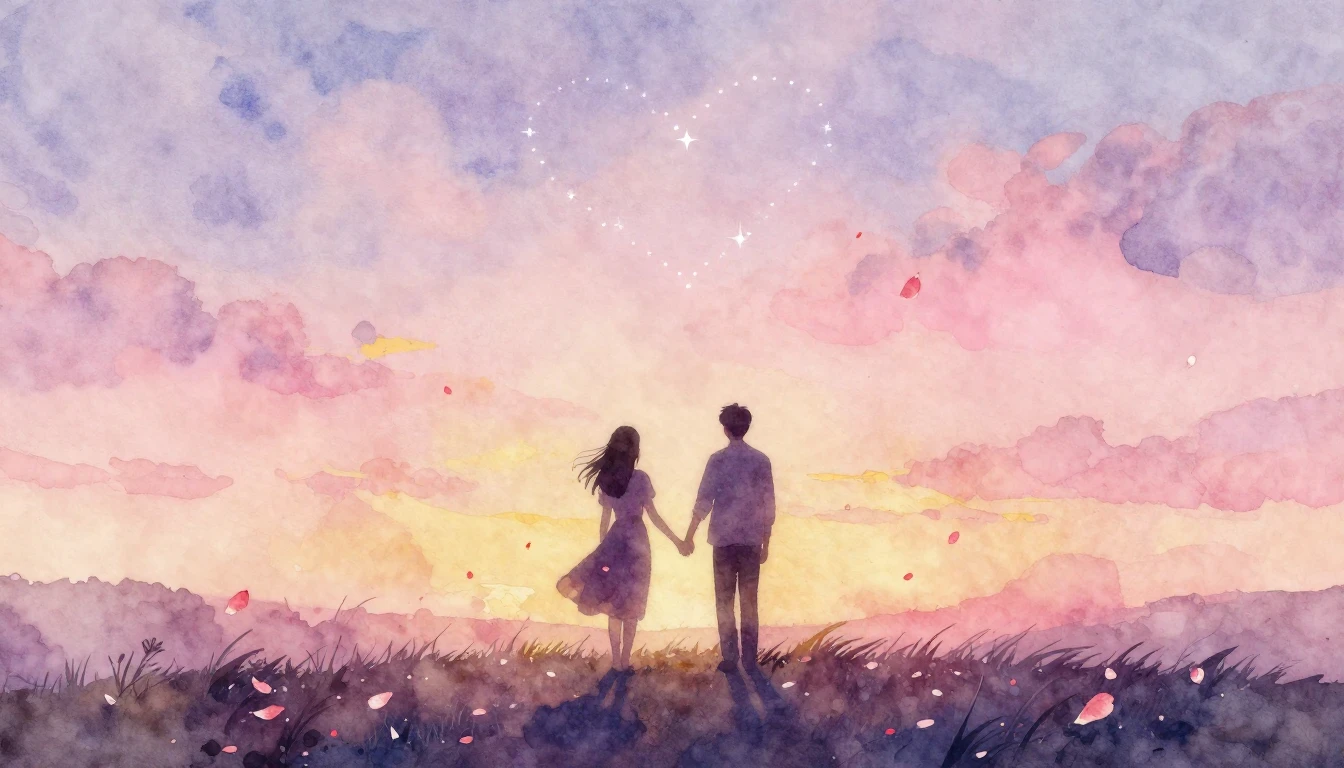 A romantic watercolor painting depicting two silhouettes hol...