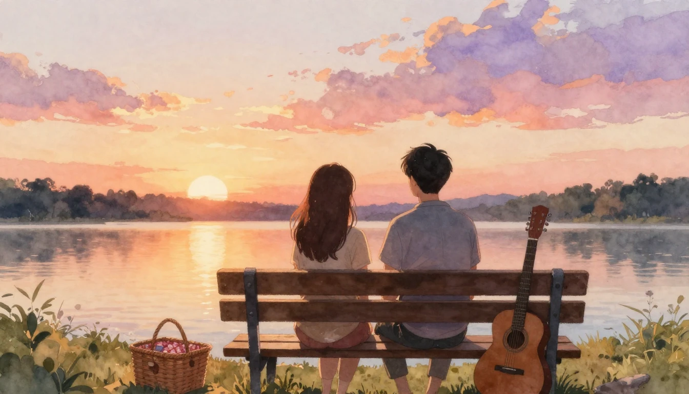 A warm and cozy scene of two friends sitting on a wooden ben...