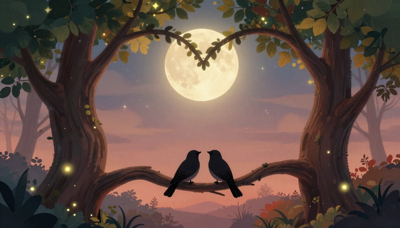 A romantic and whimsical illustration featuring two intertwi...