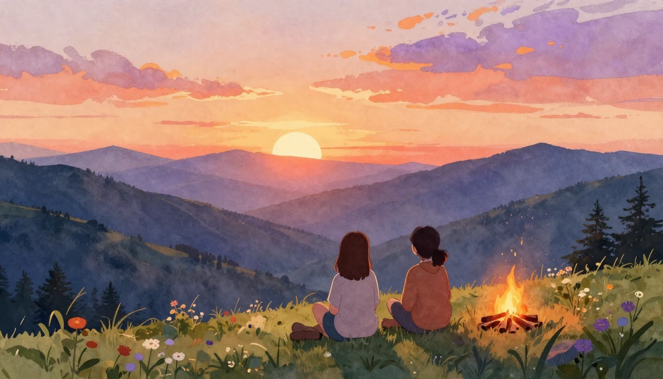 A warm and atmospheric watercolor illustration of two best f...