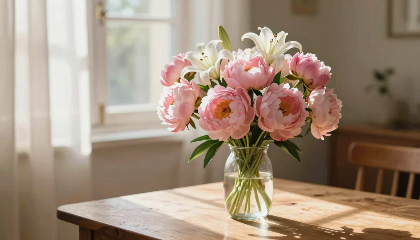 A heartwarming and tender scene of a lush bouquet of pink pe...
