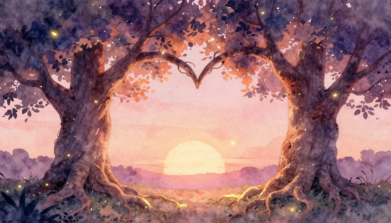 A romantic and ethereal watercolor painting depicting two la...