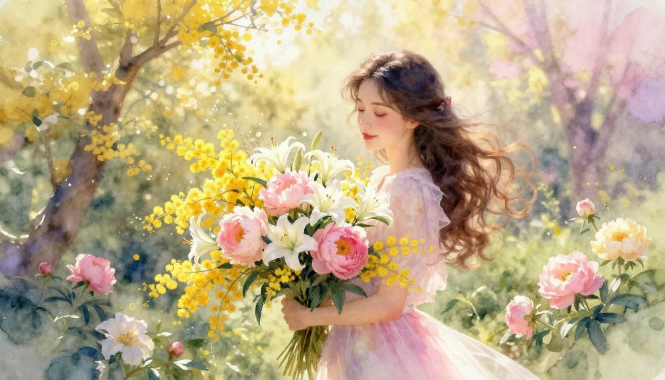 A beautiful, ethereal watercolor painting of a graceful woma...