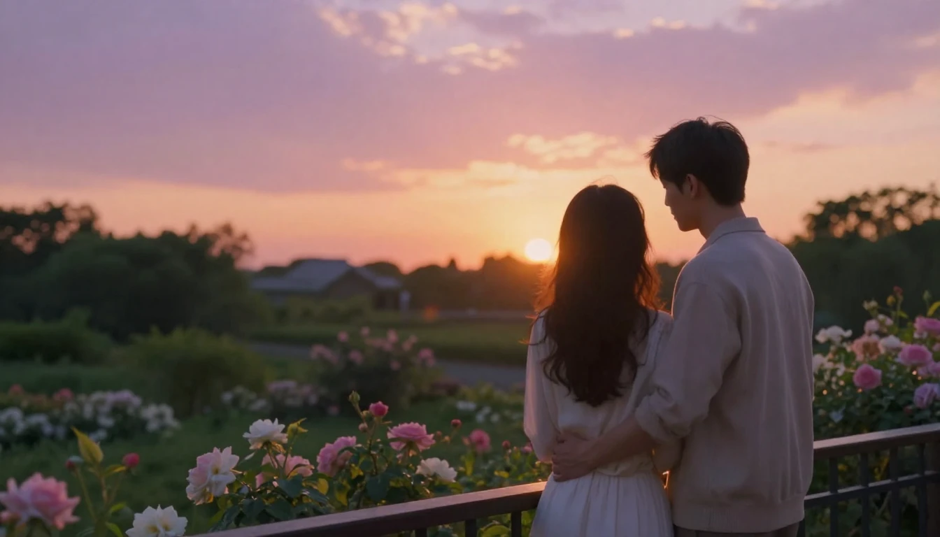 A romantic and serene scene of a couple standing on a balcon...