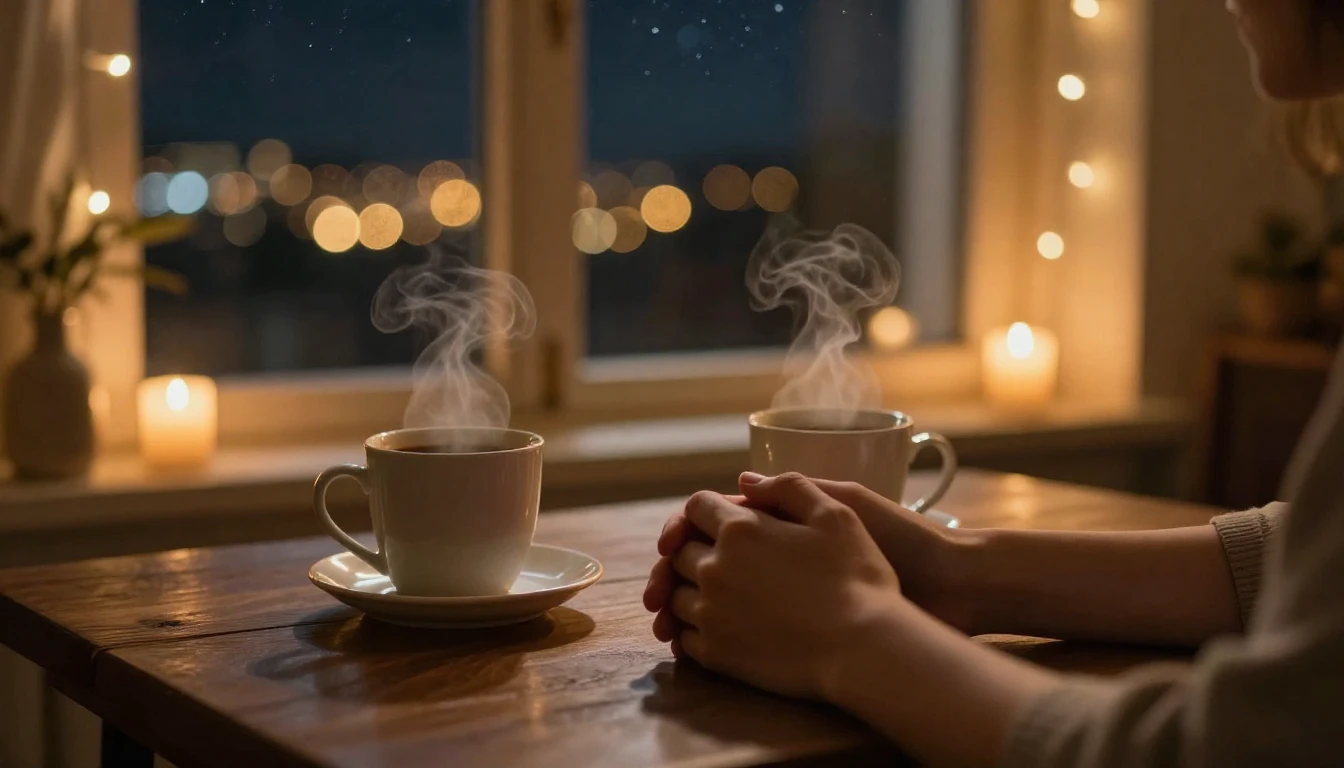 A cinematic shot of a romantic evening atmosphere. Two hands...