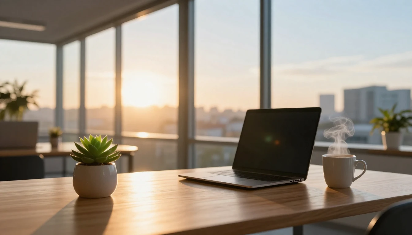 A bright and modern office workspace during a beautiful sunr...