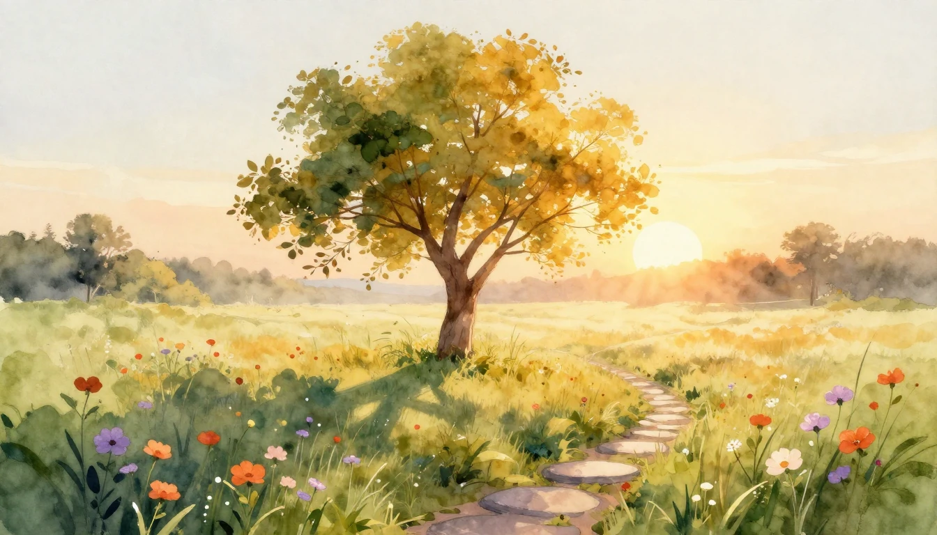 A vibrant and warm watercolor painting depicting a serene, s...