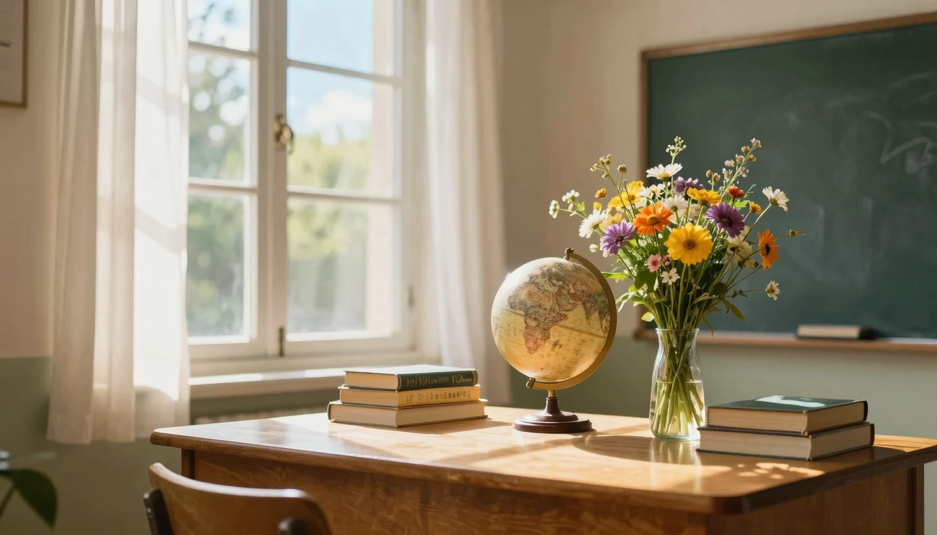 A cozy teacher's desk situated next to a large open window w...