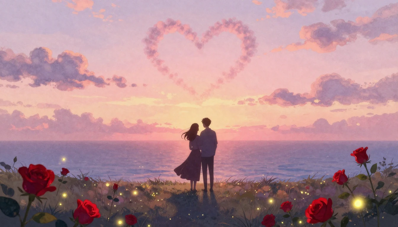 A romantic and dreamy scene featuring the silhouettes of a c...