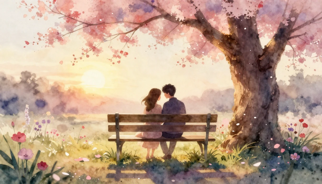 A soft and romantic watercolor painting of two silhouettes s...