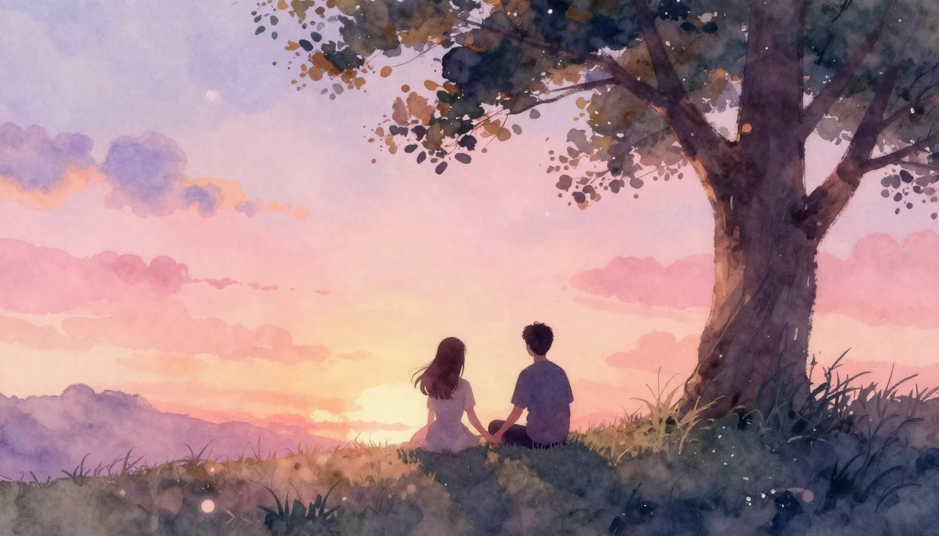 A soft and dreamy watercolor painting depicting a silhouette...