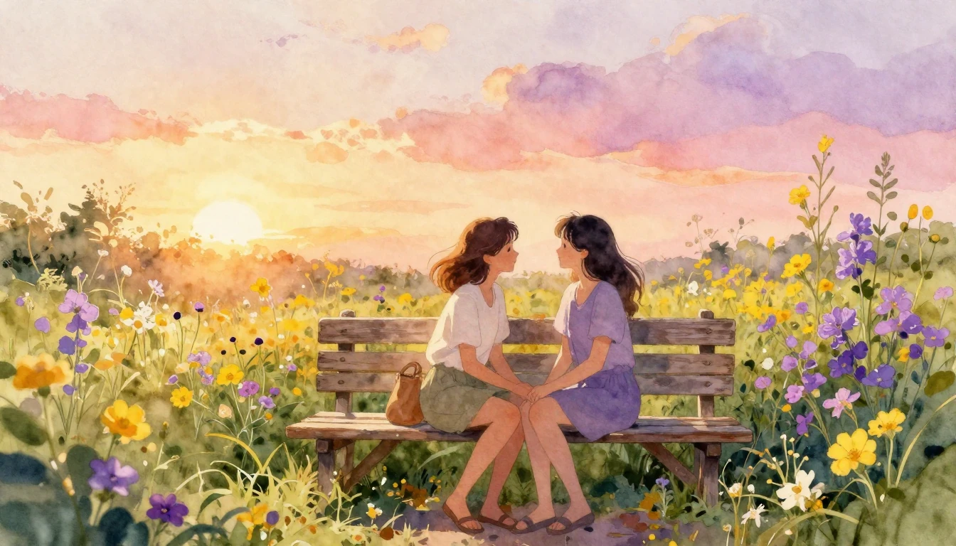 A beautiful watercolor painting of two close friends sitting...