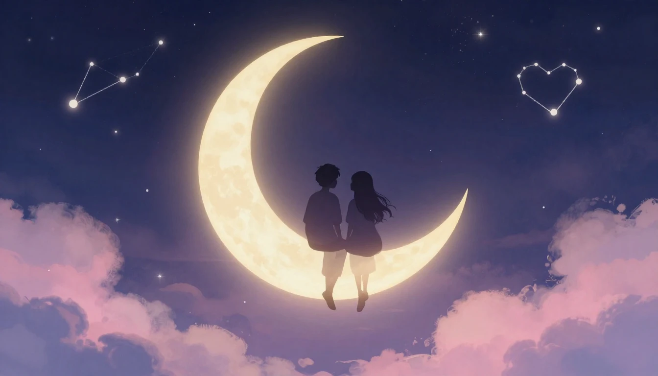 A warm, romantic illustration featuring two silhouette figur...