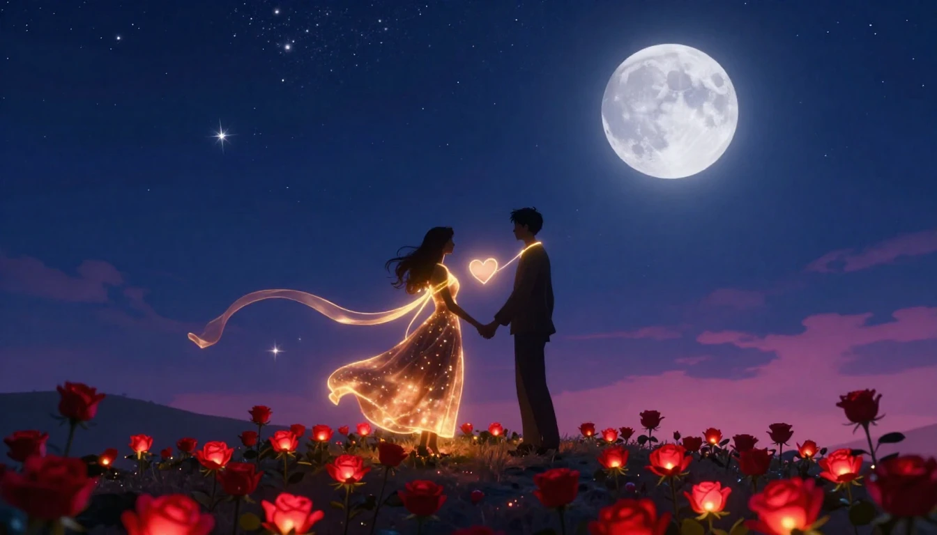 A romantic and surreal scene depicting two glowing souls int...