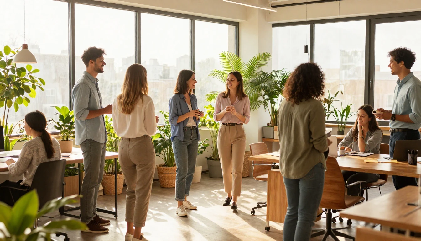 A warm and inviting modern office space filled with a divers...