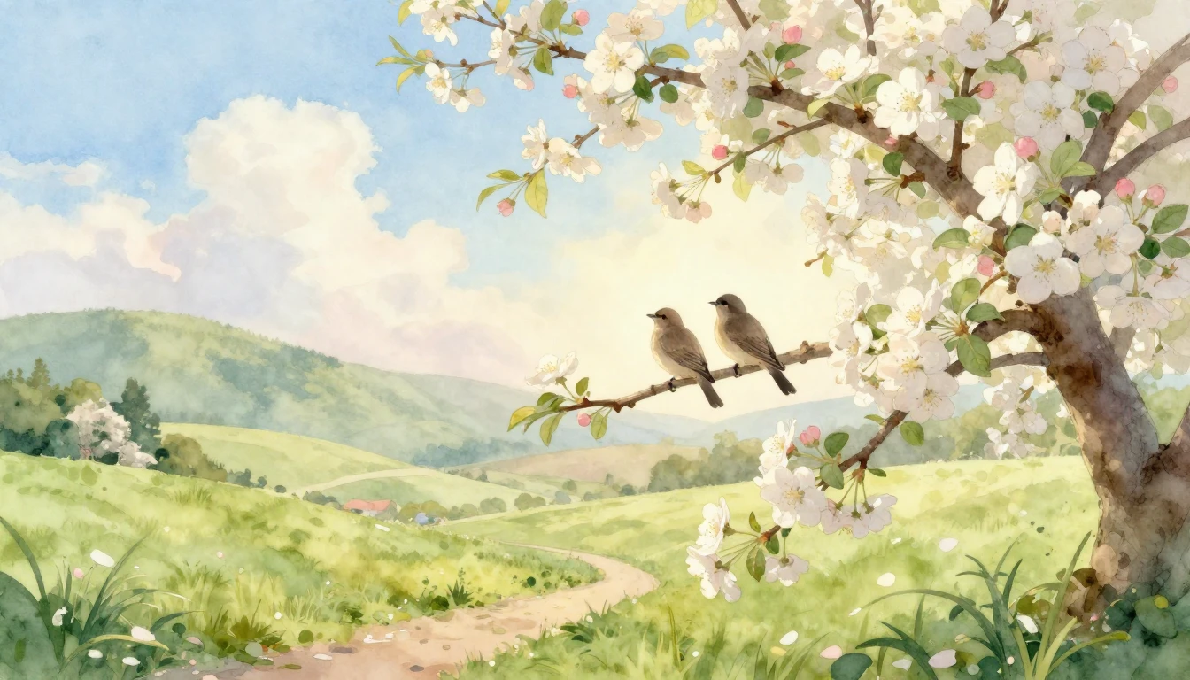 A soft and airy watercolor painting depicting a serene sprin...