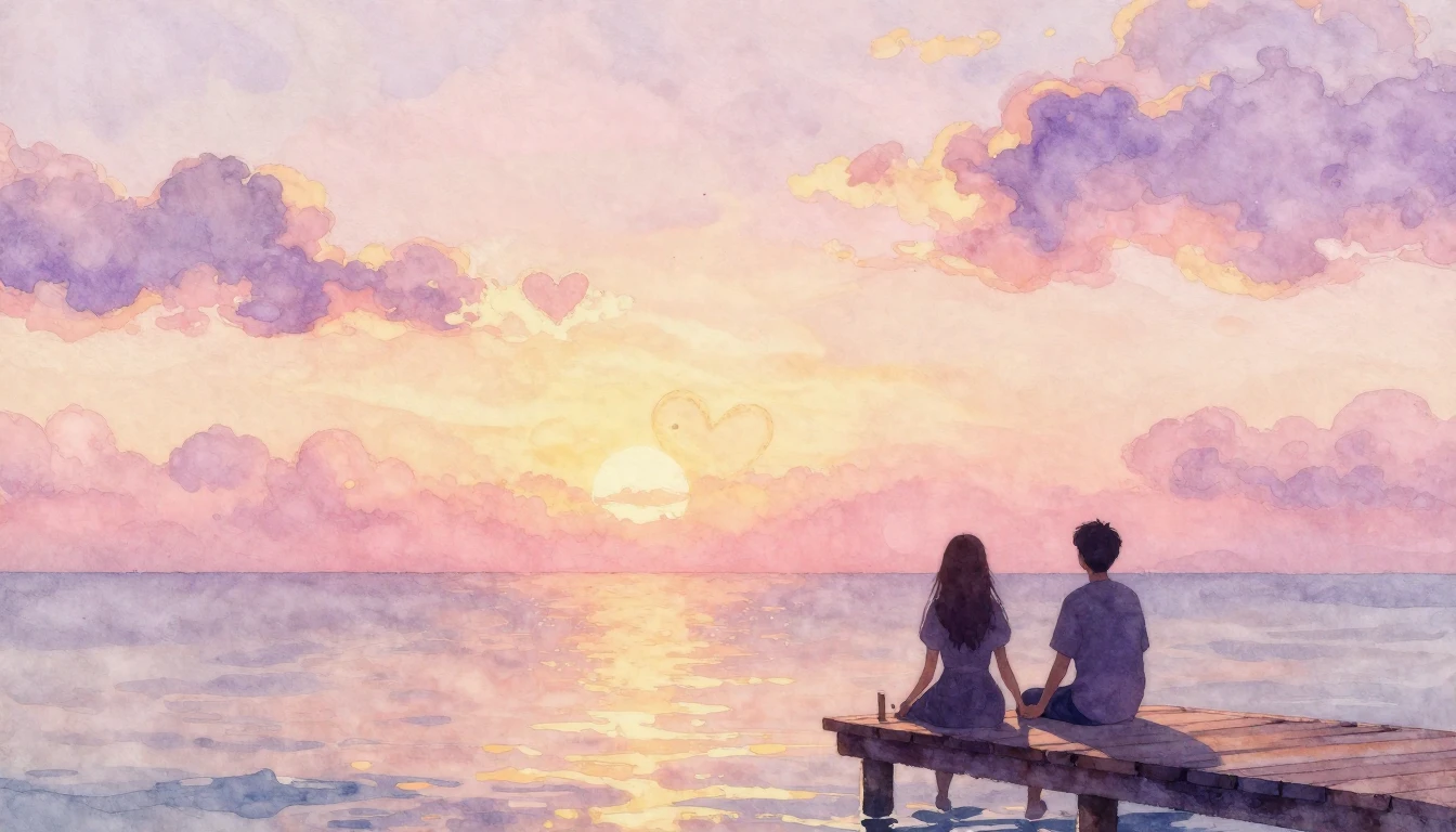 A romantic watercolor painting showing a calm sea at sunset....