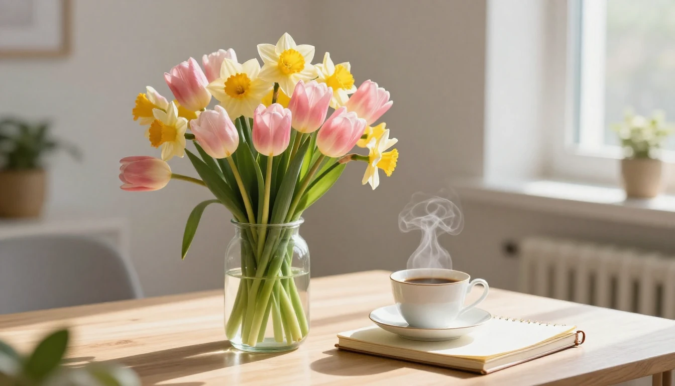 A beautiful, soft spring composition featuring a bouquet of ...