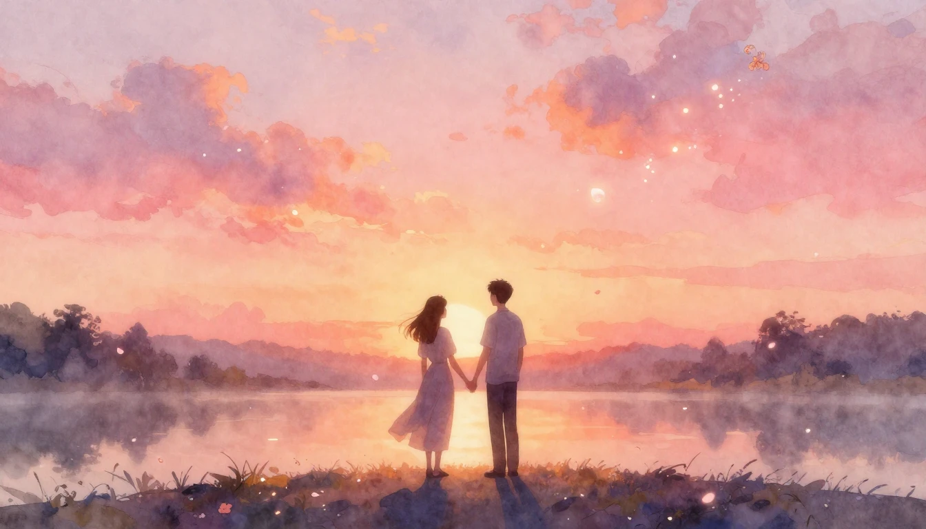 A romantic and ethereal watercolor painting depicting the si...