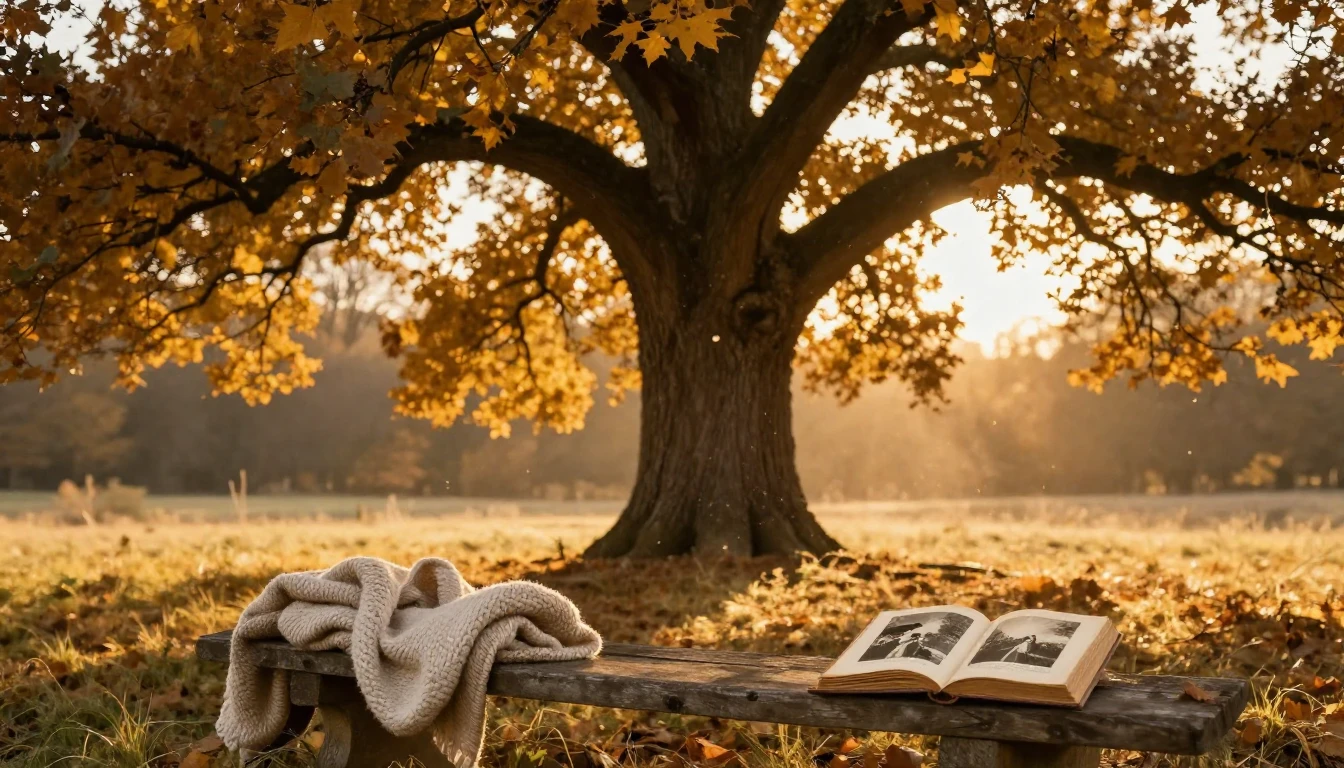 A majestic ancient oak tree with golden leaves standing in a...