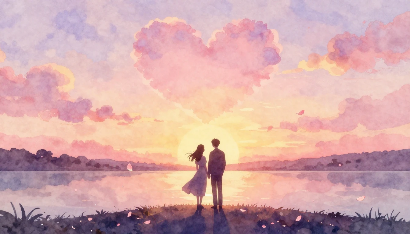 A romantic and dreamy watercolor painting featuring a silhou...