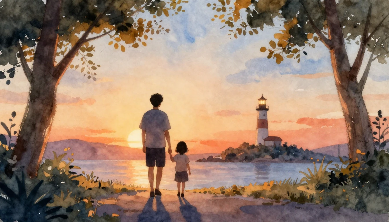 A heartwarming watercolor painting depicting the silhouettes...